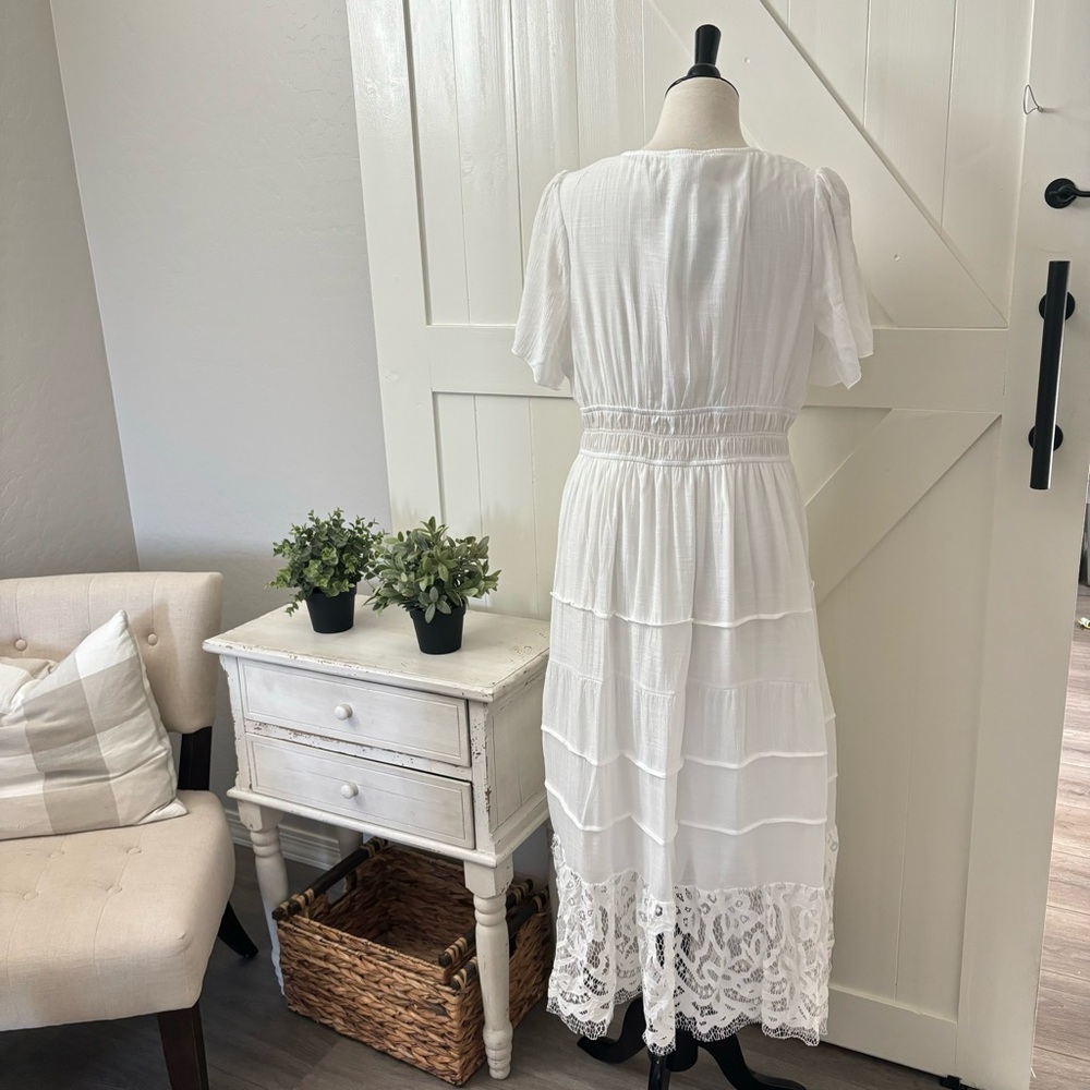 White Maxi Dress Size L Cottagecore Beach Wedding Minimalist Lace Fairycore - Picture 4 of 15